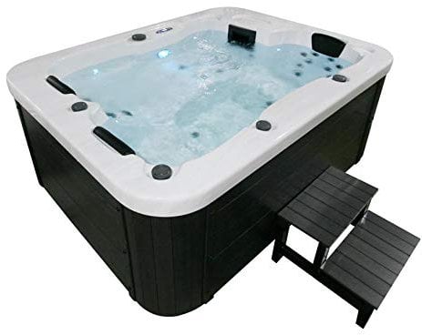 Outdoor Whirlpool Hot Tub Malta Farbe Weiss mit 27 Massage Düsen + WPC Treppe + Heizung + Ozon Desinfektion + LED Beleuchtung für 2-3 Personen für Garten/Terrasse/Außen (Mit Einstiegstreppe)