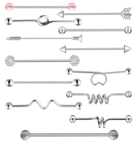 Holibanna 13pcs Piercing Ear Barbell Rhinestone Scaffold Industrial Bars Cartilage Earrings Heart Arrow Puncture Jewelry for Women Men (Silver)
