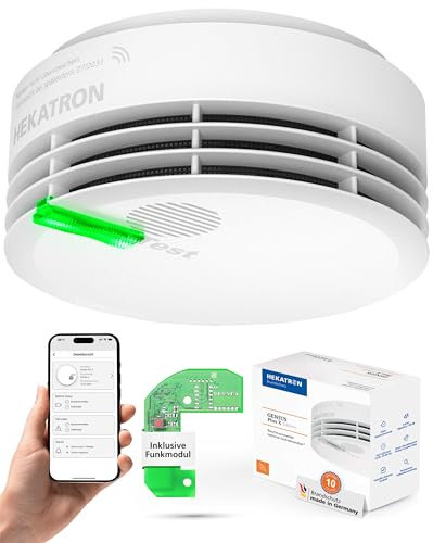 Hekatron Genius Plus X – Rauchmelder vernetzt 10 Jahre Batterie – mit Funkmodul Basis X – Testsieger Stiftung Warentest – made in Germany – Funkrauchmelder Set – mehrsprachig – 1 Stück