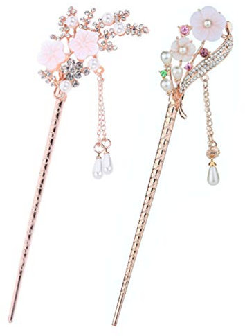 Lurrose 2pcs Chinese Hair Sticks with Tassel, Vintage Pearl Flower Pin Retro Tassel Chignon Chopsticks Hanfu Bun Updo Holders for Women Girls