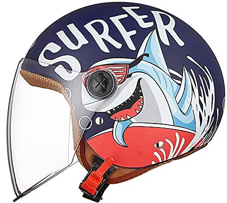 Casco Moto para niños, Casco Jet con Visera, Casco de Moto para niñas, Casco de ciclomotor para niños, Bolsillo de liberación rápida, 48-55cm, para niños de 5 a 12 años,Blau