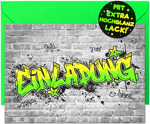 VULAVA 12x Graffiti EINLADUNGSKARTEN KINDERGEBURTSTAG Junge Mädchen + 12x Umschläge - die Graffiti PARTY Karten sind die perfekte Graffiti EINLADUNG für Jungen Mädchen Kinder GEBURTSTAG KINDERPARTY