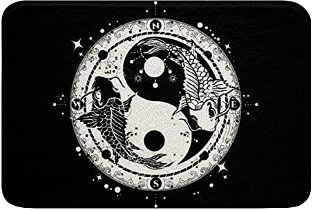 Yin Yang Badvorleger Boho Trippy Kunst rutschfest Badezimmerteppich Wasser absorbierender Gossip Koi Fisch Badematte 40x60cm Chinesischer Stil Schwarz Weiß Badteppiche für Indoor Fußmatte Dekor