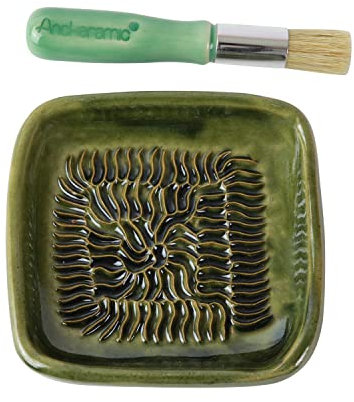 ANCKERAMIC® Ceramico Reibeteller & Backpinsel mit Naturborsten, Set aus Keramik für Knoblauch, Ingwer, Muskat, Handmade (Olive/Grün)