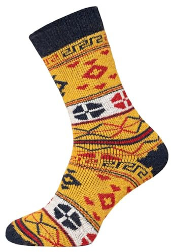 HomeOfSocks 2 Paar Thermo Socken Herren Damen – Warme Wollsocken Gelb mit Norweger Muster, Größe 39-42