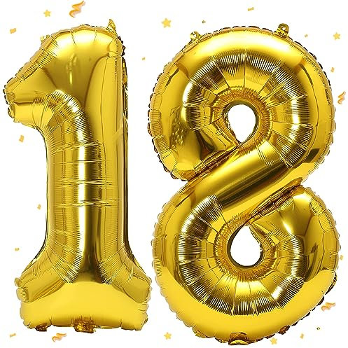 WOIRROIP Luftballon 18. Geburtstag Gold, XXL Riesen Gold Folienballon 18 81 für Frauen,40 Luftballon 18. Geburtstag,Zahlen 1 und 8 Folienballon für 18 Jahre Geburtstagsdeko Jubiläum Party Dekoration