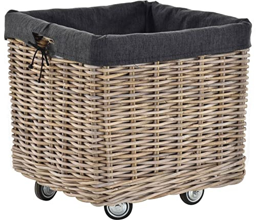 Grand Panier à Bois Avec Poignées et Roulettes en Rotin Naturel Gris - Rangement en Bois Avec Roues - Panier à Bûches de Cheminée Multi-Usages Avec Coutil (Carré Petit)