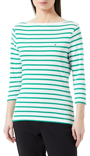 Tommy Hilfiger Damen Langarmshirt Slim U-Boot-Ausschnitt, Mehrfarbig (Breton Ecru/Olympic Green), XS