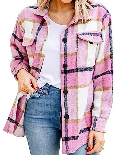 Shacket-Jacke für Damen, Karierte Jacke, Übergroße Flanell-Button-Down-Hemdjacke (Color : Pink, Size : L)