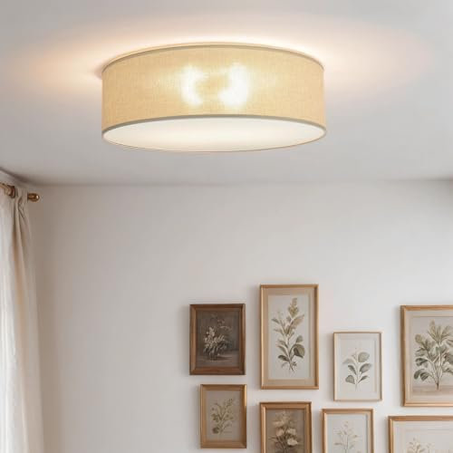 Licht-Erlebnisse Deckenleuchte aus Stoff rund D:45cm H:13cm flach 2x E27 bis 15W LED-geeignet für Wohnzimmer Schlafzimmer Flur Innen Deckenlampe