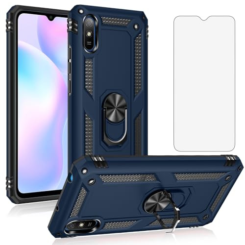 Asuwish Handyhülle für Xiaomi Redmi 9A/9AT Hülle mit Glas Folie Schutzfolie und Magnetisch Ring Ständer Handyhüllen Redmi9A A9 AT9 9i Sport M2006C3LG Slim Handy Hüllen Schutzhülle Phone Case Blau