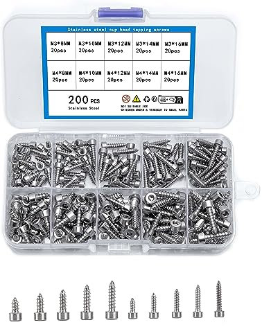 KOXXIAMOQ 200 Pezzi Viti Esagonali con Chiave Esagonale, Set Viti Autoperforanti, Kit Assortimento Viti a Testa Cilindrica in Acciaio Inossidabile per Legno e Plastica - M3/M4