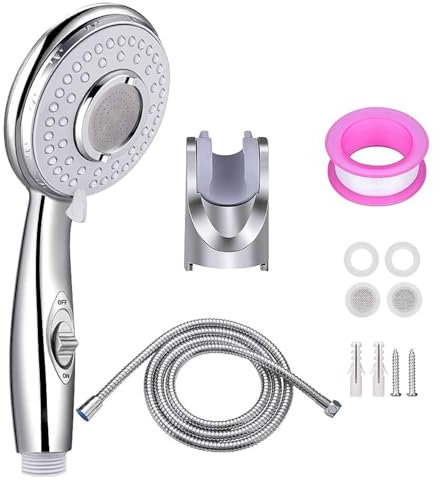 PHYXON Handheld Shower Head with On/Off Switch - High Pressure 5 setting mode, Stainless Steel 6.5 ft extra long hose and Bathroom Kit Included, Universal Adapter Holder Mount for Wall,Chrome Finish