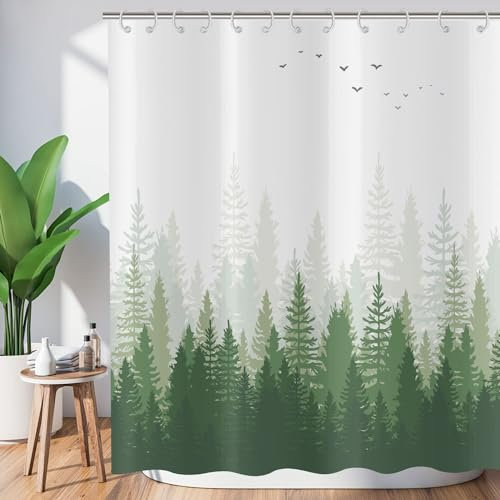ASDCXZ Wald Duschvorhang 180x200 cm, Verlauf Grün Nebel Wald Dschungel Vögel Weiß Bad Waschbar Duschvorhänge Polyester Textil Wasserdicht Badevorhang für Badewanne mit 12 Haken