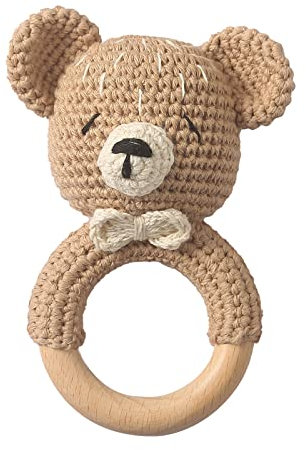 Mamimami Home Gehäkelte Babyrassel Häkeln Holz Greifling Baby Rassel Geschenk zur Geburt Handmade Junge und Mädchen,Geschenk zur Geburt (Bär)