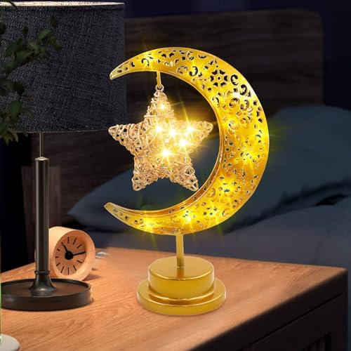 TaimeiMao LED Ramadan Lichter Mondlampe,LED Mond Stern Tischlampe,Eisen Ramadan Halbmond Lampe,LED Nachttischlampe Batteriebetrieben,Eid Dekoration Muslim Party,für Heim Schlafzimmer Büro Geschenk