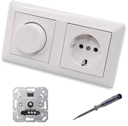 EBROM SET IDEE: JUNG 1730DD LED Dimmer + Steckdose alpinweiß glänzend | Dimmer + Dimmerscheibe A1740WW und Steckdose A1520WW in alpinweiß glänzend + EBROM Phasenprüfer zur Montage der Geräte