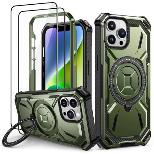 Lanhiem Handyhülle für iPhone 14 Pro Hülle mit 2 Stück Panzerglas und 360° Ring Ständer, Militärischer Stoßfest Schutzhülle für iPhone 14 Pro Case, Grün