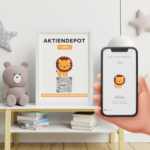 Aktiendepot | Personalisiertes Geldgeschenk | Aktie ETF Kryptowährung QrCode Bild | Motiv Löwe (10x15cm inkl. Rahmen Weiß)