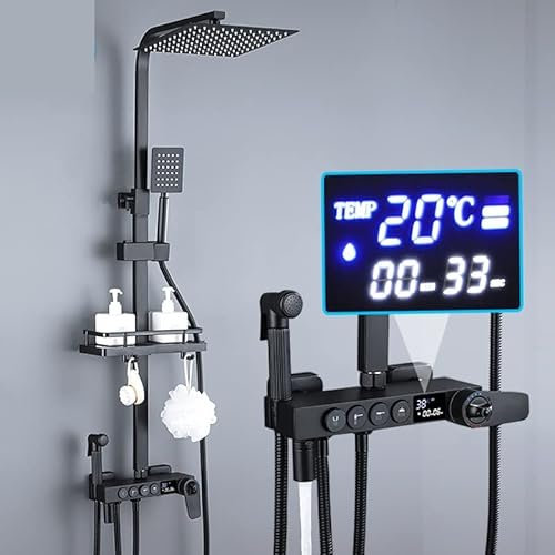 Set miscelatore doccia termostatico Set rubinetti doccia termostatico cromo nero Display digitale, Miscelatore doccia bagno, Sistema doccia in ottone, Set doccia a pioggia (3 vie nero) (Display digit