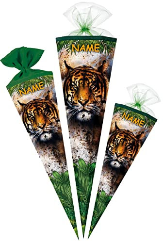 alles-meine.de GmbH Schultüte - mit Glitzer Effekt ! - Tiger/Dschungel Tiere 35-85 cm Größe wählbar inkl. Name - Zuckertüte - Tüllabschluß/Filzabschluß - eckig/rund..