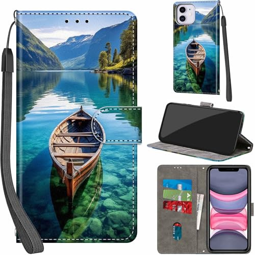 Haninsuze Case for iPhone 11 6.1-Inch, Boat | PU Leather, 3 Card Holder, Wallet Book Flip, Folio Stand View, Magnetic, Multi-Pattern Cover, Lanyard Strap