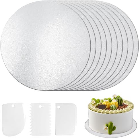 Riisoyu Cake Board, 10 Tortenunterlagen Rund Cakeboard Wiederverwendbar Beidseitig mit 3 Stück Tortenschaber Tortenunterlage Stützen 30cm für Transport Kuchen Torten Oder Malerei DIY Handwe, Silbrig