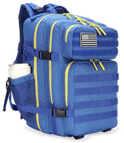 KXBUNQD Militärischer taktischer Rucksack, 45 l, Wanderrucksack, für Herren und Damen, Molle-Armee-Rucksack, Tagesrucksack für Camping, Angeln, Reisen, Blau / Gelb, X-Large, Sportlich