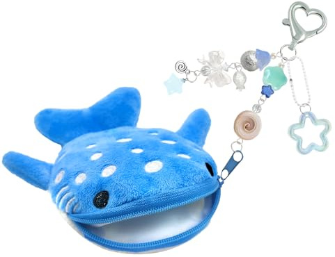 Whale Shark Coin Purse Keychain,Cute Plush Change Purse with Zipper Keychain,Kawaii Handmade Wallet Coin Pouches,Heart Star Butterfly Key Chain Bag Charm for Women(Blue)