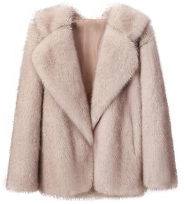 DLLDLGG Kurzer Wintermantel aus Lammfell Kunstpelzjacke Warme Jacke mit Langen Ärmeln und Reverskragen In Volltonfarbe(Beige,XL)