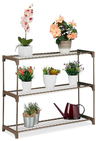 Relaxdays Étagère à Plantes, 3 Niveaux, pour Vos trésors Verts, métal et Plastique, H x L x P : 79 x 91 x 28 cm, Marron