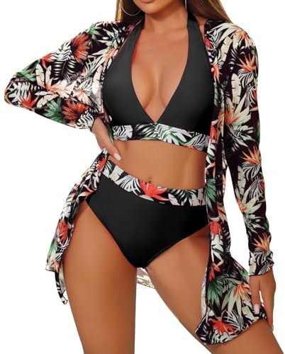 TERODACO 3 Piece Womens Bikini Sets Halter Neck Removable Padded Swimming Costume Women Soft Quick Dry Cover Ups for Ladies Beachwear Swimsuit Bathing Suit,Seamless Lightweight 6011 Black L