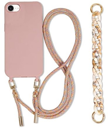 Galful Handykette Handyhülle für iPhone 16e Hülle mit Armband,Necklace Schutzhülle iPhone SE 4 Case mit Band Kordel zum Umhängen Verstellbarer Nylon Lanyard Halskette Silikon Case Cover-Sandrosa