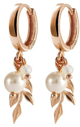 Brautohrringe mit Perle roségold 925er Silber – Creole für Hochzeit – Handgefertigte Ohrringe Roségold mit Blättern – Hochwertiger, veganer Brautschmuck – Braut Perlenohrringe