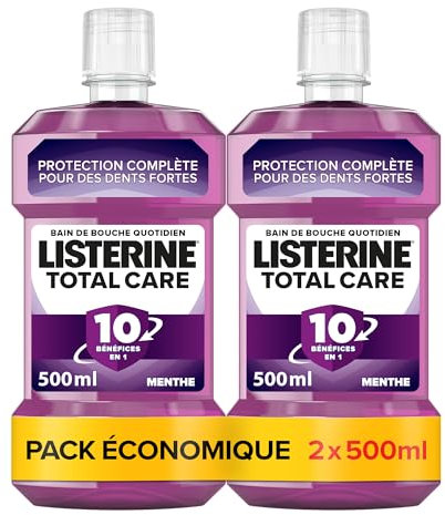 Listerine Bain de Bouche Quotidien Total Care (Lot de 2 bouteilles de 500 ml) – Soin bucco-dentaire 10 bénéfices en 1 – Haleine fraîche durable