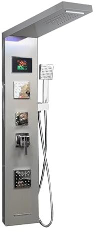 ROVOGO Duschpaneel mit Armatur und LED Temp-Anzeige, 6-Funktion Duschsäule ohne Batterie - LED Regen-/Wasserfallkopf, 2 Eckige Massagedüsen, Handbrause, Wanneneinlauf, Edelstahl Gebürstet, Wandmontage