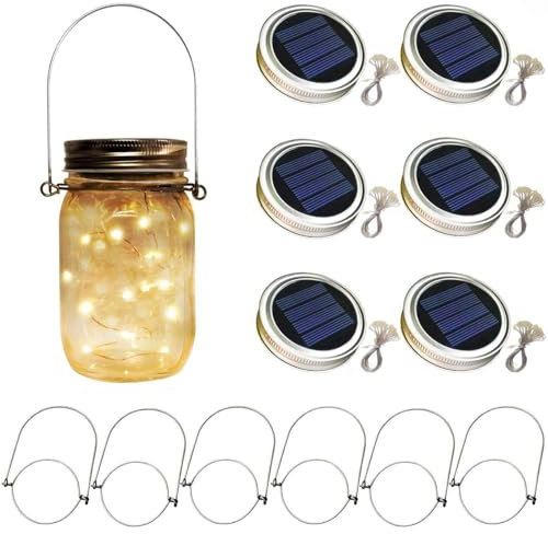 Mason Jar Lid Lights 6pcs Waterproof LED Solar Lanterns Hanging Fairy Firefly String Light Outdoor Hanging Fairy String Lights with 6 Hangers for Home KTV Party Patio Garden Trees Decor (Warm White)