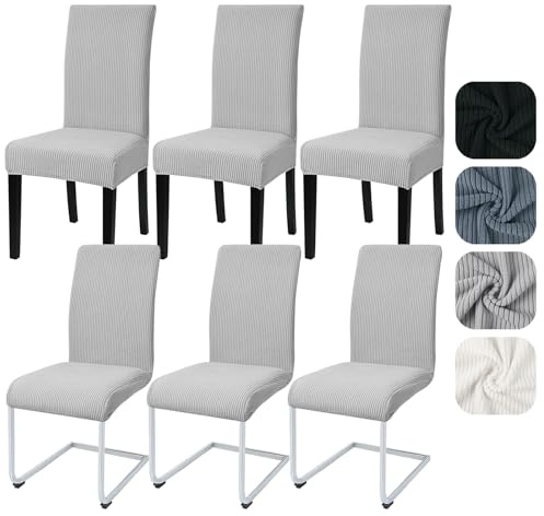 Alishomtll Stretch Stuhlhussen Kurzflor Stuhlbezug 6er Set Hellgrau | Universal Streifen Stuhlhussen, Elastisch Abnehmbar Stuhlbezug, Waschbarer Stühle Schutz für Küche Esszimmer Hotel Bankett
