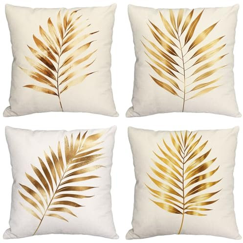 Outdoor Kissen Beige Kissenbezug 70x70 cm Gold Sofakissen Outdoor Kissen Wetterfest Samt Kissenbezug 4er Set Doppelseitiger Gedruckte Kissenhüllen für Deko Garten Terrasse Sofa Patio Stuhl s-497