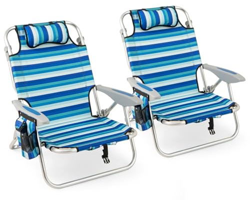 COSTWAY 2er Set Strandstühle mit Tisch, klappbare Campingstühle mit Verstellbarer Rückenlehne, Kopfstütze, 2 Getränkhalter, Aufbewahrungstasche & Schultergurten, Klappstühle leicht