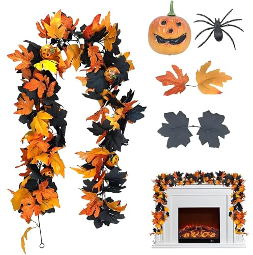 Pyuyan Guirnalda de Arce Otoñal, Guirnalda Halloween con Calabaza para Manto, Guirnalda Otoñal con Hojas de Arce, para Halloween, Chimenea, Mesa, Ventana, Puerta, Interiores, Exteriores, Decoraciones