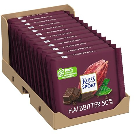 Ritter Sport Halbbitter, Zart-herbe Vollmilch-Bitterschokolade mit 50 % Kakao, perfekt zum Naschen und Genießen, Geschenkidee, 12 × 100 g
