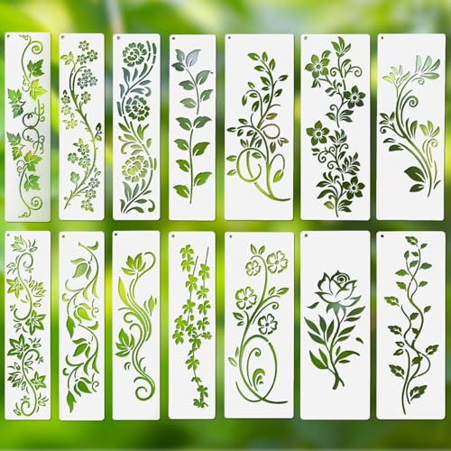 12 Stück Blumen Weinstock Schablone,Rankenblätter Schablonen Malen,PET Wiederverwendbare Zeichenschablone,Malschablonen für DIY, Holz, Möbel,T Shitr, Kunststoff Zeichenschablonen mit Blumen, Blättern