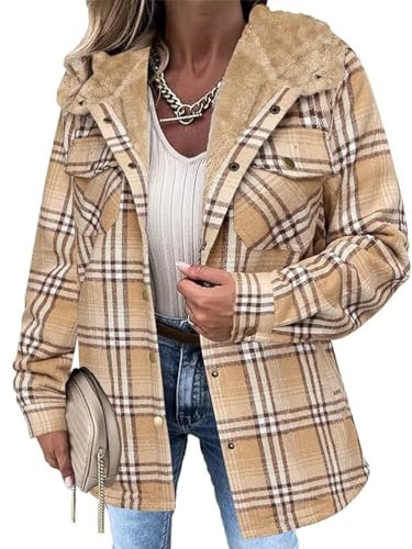 seiveini Veste Hiver Femme Polaire à Capuche Blouson Chemise Carreaux Doublée Chaude Gilet Fleece Surchemise Vintage Jacket