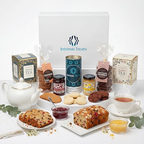 Afternoon Tea Hamper Gift Set - Luxury Tea & Biscuits Food Gift Box for Women & Couples, Birthday and Thank You Treat with Shortbread, Ginger Thins, Fruit Cake, Strawberry Jam & Lemon Curd