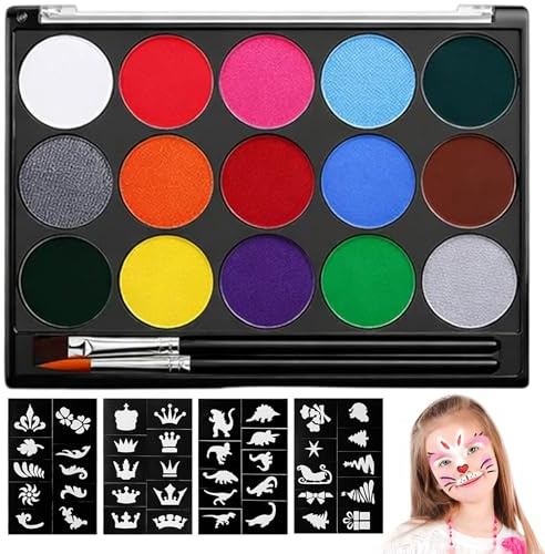 15 Farben Schminkpalette mit 2 Pinsel und 32 Tattoos Schablonen | Waschbar Face Paint Körperbemalung, Mehrfarbige Faschingsschminke, Schminke Set Für Make-up Halloween Karneval