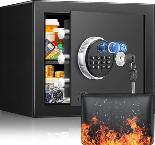 25L Tresor für Zuhause mit Biometrischer Fingerabdruck & Feuerfester Tasche | Kombinationsschloss, Dualer Alarmmodus&Silent-Modus, Abnehmbares Regal, Digitaler Safe für Zuhause Geld Medikamente Dokumente