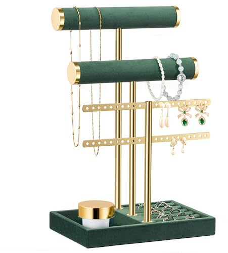 Schmuckständer Organizer, Schmuckaufbewahrung, Samt-Armbandhalter, Grün | Schmuckbaum mit 3 Ebenen, Schmuckhalter, Abnehmbarer T-Steg Schmuck Organizer für Armband, Halskette, Uhren, Ringe