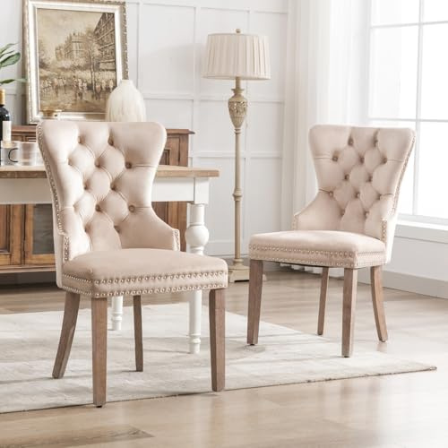 ZSSWSS Set med 2 lyxiga matsalsstolar, vardagsrumsstolar, stoppade stolar med nithuvud, köksstol, massiva träben, sammetsöverdrag för vardagsrum, matsal, beige