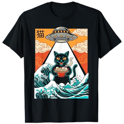 Japanische Katze Ramen UFO Entführung Great Wave Neko Nudeln Kunst T-Shirt